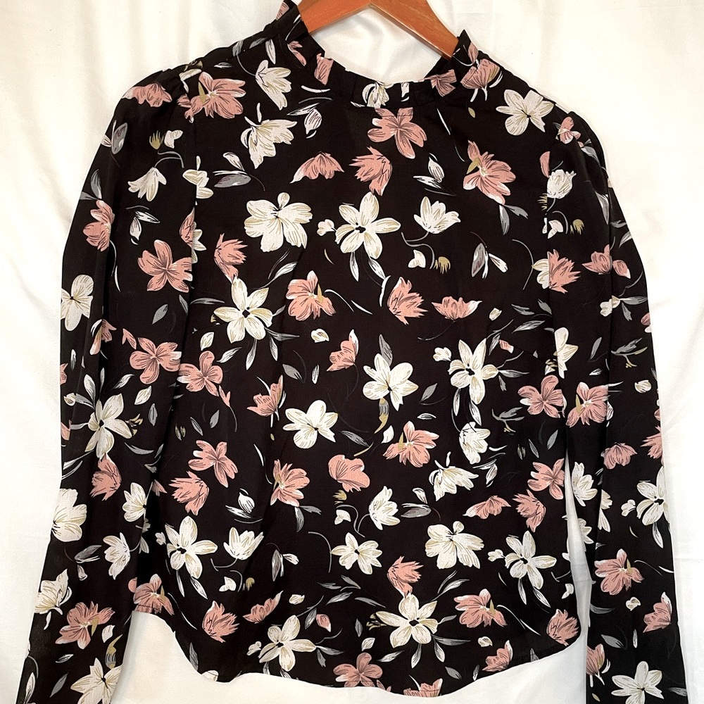 SHEIN Black and Rose Floral Long Sleeve Blouse